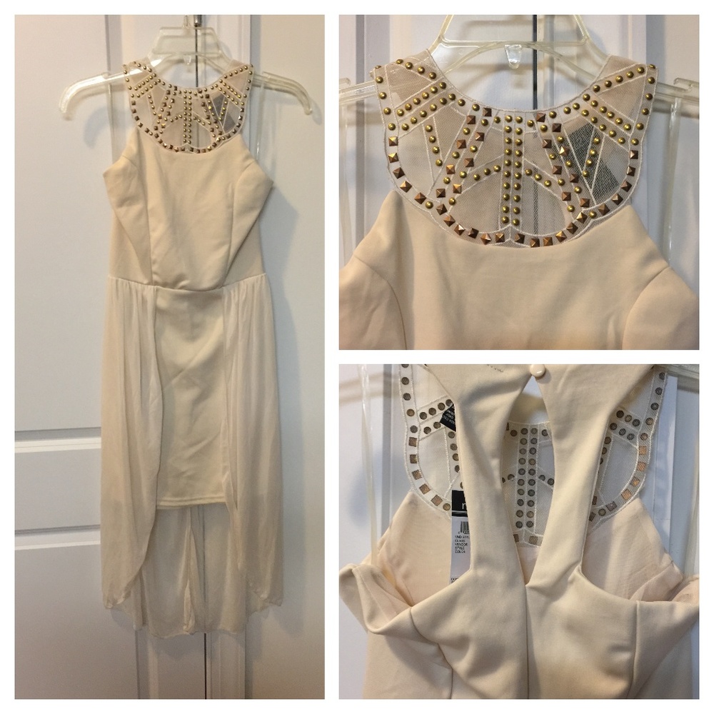 Cream Gold Studded Neckline Cream Party Dress~Sz Small
